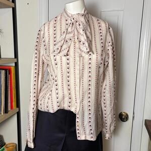 Vintage Floral Button Up Neck Tie Blouse